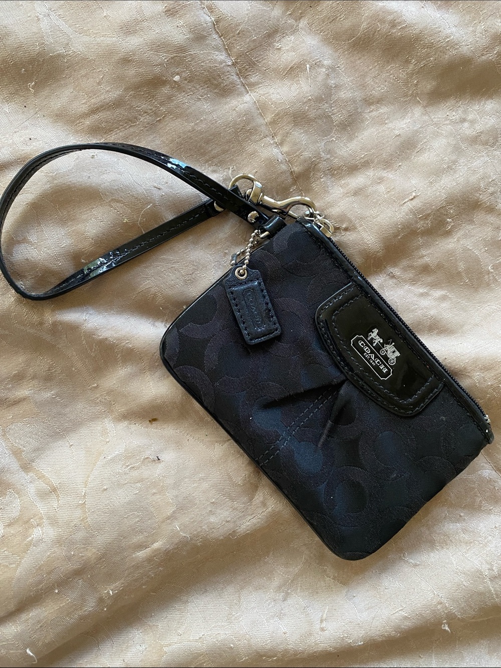 Coach Black Signature Wristlet with Patent Trim and Wrist Strap & Bag Charm